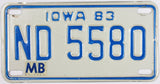 A classic 1983 Iowa motorcycle license plate which is in excellent minus condition