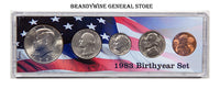 A 1983 Birth Year coin set which includes the Kennedy Half Dollar, Washington Quarter, Roosevelt Dime, Jefferson Nickel and Lincoln Cent for sale by Brandywine General Store