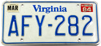 A classic 1984 Virginia license plate in very good condition