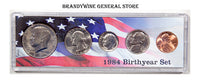 A 1984 Birth Year coin set which includes the Kennedy Half Dollar, Washington Quarter, Roosevelt Dime, Jefferson Nickel and Lincoln Cent for sale by Brandywine General Store