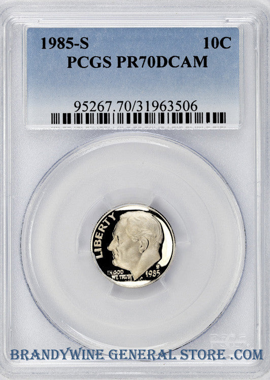 1985-S Roosevelt Dime that has been certified perfect Proof 70 Deep Cameo by PCGS