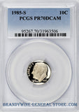 1985-S Roosevelt Dime that has been certified perfect Proof 70 Deep Cameo by PCGS