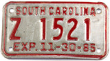 A 1985 South Carolina Motorcycle license plate in very good minus condition with darkening of the reflective coating