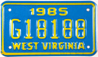 1985 West Virginia motorcycle license plate which is unused and will grade near mint