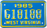1985 West Virginia motorcycle license plate which is unused and will grade near mint