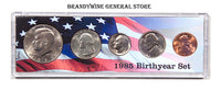 A 1985 Birth Year coin set which includes the Kennedy Half Dollar, Washington Quarter, Roosevelt Dime, Jefferson Nickel and Lincoln Cent for sale by Brandywine General Store