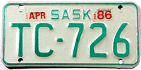 A classic 1986 Saskatchewan MOT motorcycle license plate in excellent minus condition