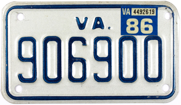 1986 Virginia Motorcycle License Plate lightly used excellent minus