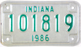 1986 Indiana Motorcycle License Plate in New Old Stock excellent condition