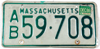 A 1986 Massachusetts passenger car license plate in very good condition