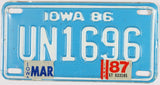 A 1987 Iowa Motorcycle License Plate which is in Excellent Minus Condition