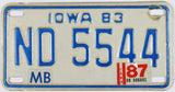 A 1987 Iowa Motorcycle License Plate which is in Excellent Minus Condition
