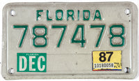 1987 Florida motorcycle license plate in very good plus condition