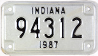 1987 Indiana motorcycle license plate in excellent minus condition