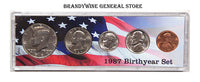 A 1987 Birth Year coin set which includes the Kennedy Half Dollar, Washington Quarter, Roosevelt Dime, Jefferson Nickel and Lincoln Cent for sale by Brandywine General Store
