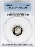 1988-S Roosevelt Dime certified by PCGS Proof 70 Deep Cameo