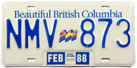 A classic 1988 British Columiba car license plate in very good plus condition