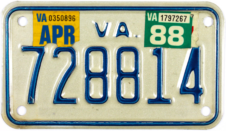 1988 Virginia Motorcycle License Plate Excellent Minus