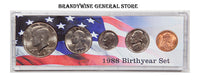 A 1988 Birth Year coin set which includes the Kennedy Half Dollar, Washington Quarter, Roosevelt Dime, Jefferson Nickel and Lincoln Cent for sale by Brandywine General Store
