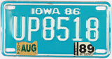 A 1989 Iowa Motorcycle License Plate that is in excellent minus condition, showing only minor wear around the upper two bolt holes