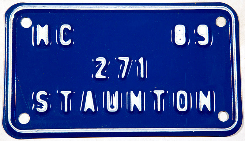 1989 Virginia motorcycle license plate from the city of Staunton in excellent condition