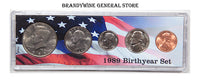 A 1989 Birth Year coin set which includes the Kennedy Half Dollar, Washington Quarter, Roosevelt Dime, Jefferson Nickel and Lincoln Cent for sale by Brandywine General Store