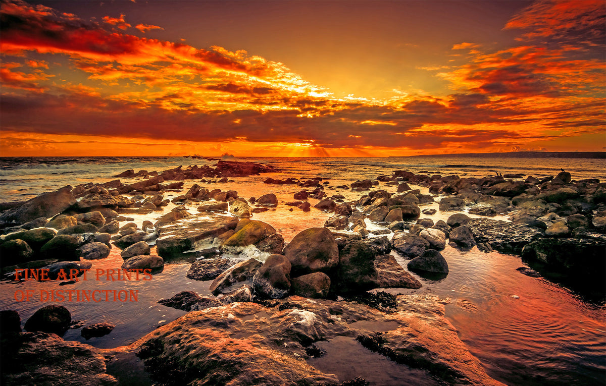 Rocky Beach with an Orange Sunset Premium Quality Print