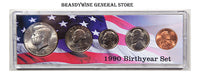 A 1990 Birth Year coin set which includes the Kennedy Half Dollar, Washington Quarter, Roosevelt Dime, Jefferson Nickel and Lincoln Cent for sale by Brandywine General Store
