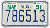 A 1991 classic Virginia motorcycle license plate in excellent condition