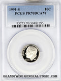 1991-S Roosevelt Dime certified by PCGS Proof 70 Deep Cameo