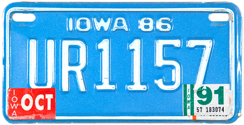 A 1991 Iowa Motorcycle License Plate which is in Excellent Minus Condition