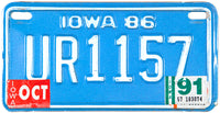 A 1991 Iowa Motorcycle License Plate which is in Excellent Minus Condition