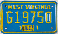 1991 West Virginia motorcycle license plate in excellent minus condition