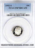 1992-S Roosevelt Dime certifed by PCGS Proof 70 Deep Cameo