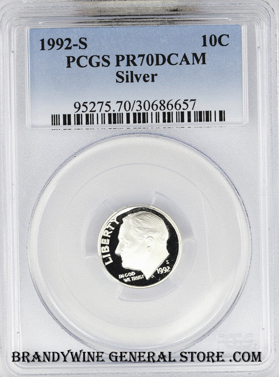 1992-S Roosevelt Silver Dime certified by PCGS Proof 70 Deep Cameo