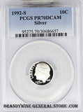 1992-S Roosevelt Silver Dime certified by PCGS Proof 70 Deep Cameo