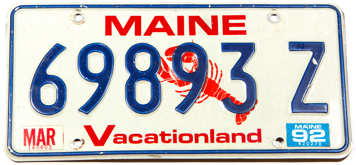 A scenic 1992 Maine Lobster automobile license plate in excellent minus condition