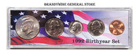 A 1992 Birth Year coin set which includes the Kennedy Half Dollar, Washington Quarter, Roosevelt Dime, Jefferson Nickel and Lincoln Cent for sale by Brandywine General Store