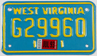 A classic 1993 West Virginia motorcycle license plate in excellent condition