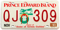 A classic 1993 passenger car license plate from the Canadian province of Prince Edward Island in excellent minus condition