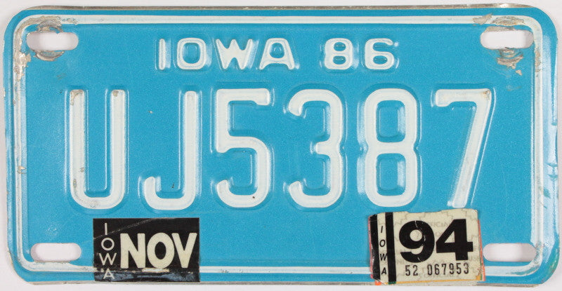 A 1994 Iowa Motorcycle License Plate which is in Excellent Minus Condition