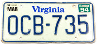 A classic 1994 Virginia license plate in very good condition