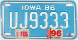 A 1996 Iowa Motorcycle License Plate which is in Excellent Minus Condition. The color of this 96 IA Bike Tag is blue with white letters.