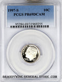 1997-S Roosevelt Dime certified by PCGS Proof 69 Deep Cameo