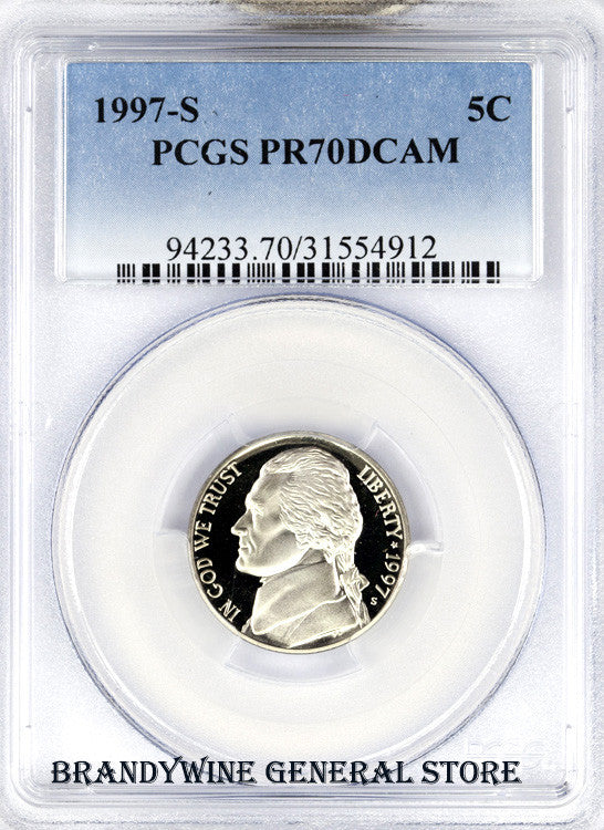 A 1997-S Jefferson Nickel coin with a label indicating it is a Proof 70 Deep Cameo coin by PCGS