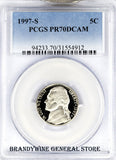A 1997-S Jefferson Nickel coin with a label indicating it is a Proof 70 Deep Cameo coin by PCGS