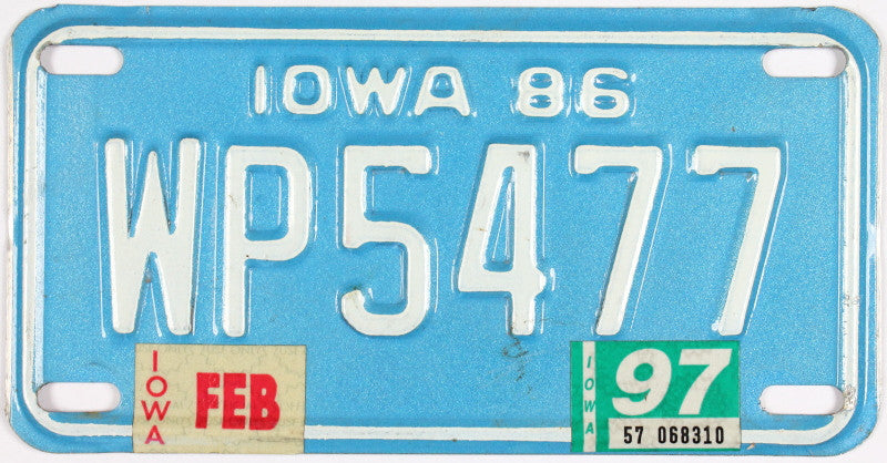 A 1997 Iowa Motorcycle License Plate that is in Excellent Minus Condition. The color of this '97 IA Bike Tag is blue with white letters.