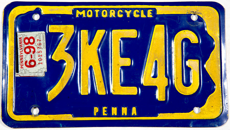 1998 Pennsylvania Motorcycle License Plate grading very good plus