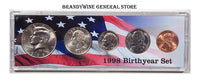 A 1998 Birth Year coin set which includes the Kennedy Half Dollar, Washington Quarter, Roosevelt Dime, Jefferson Nickel and Lincoln Cent for sale by Brandywine General Store