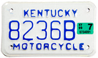 A 1999 Kentucky motorcycle license plate in excellent condition